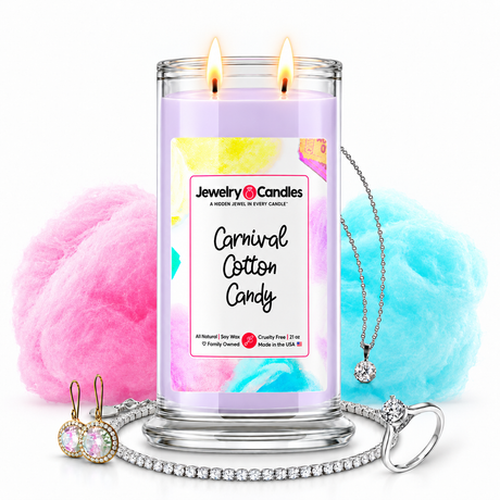 Carnival Cotton Candy Jewelry Candle with two lit flames and jewelry