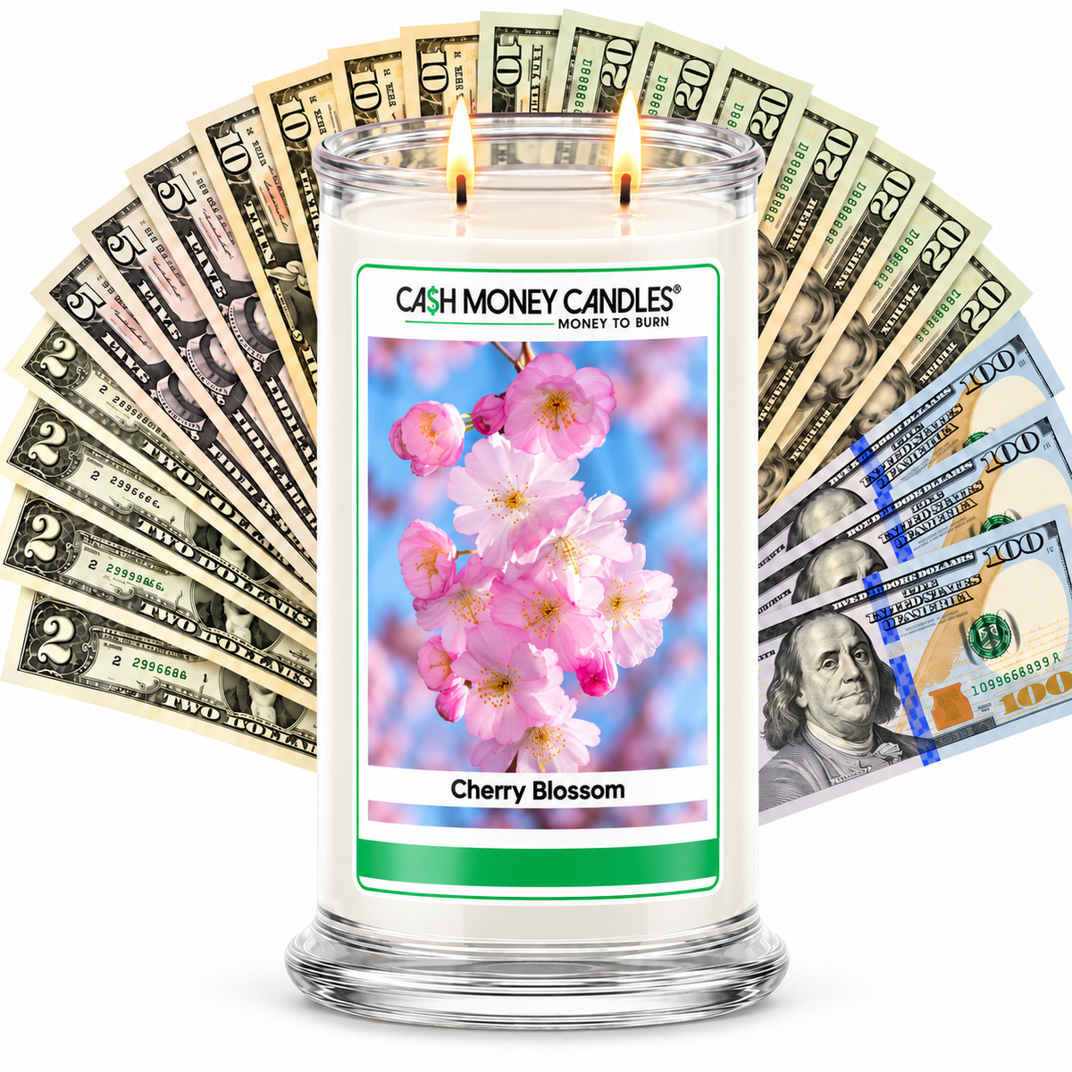 Cherry Blossom Cash Money Candle with two lit wicks and a fan of cash