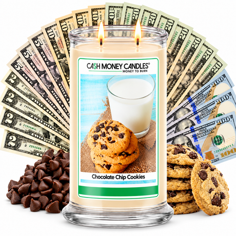 Chocolate Chip Cookies Cash Money Candle with two lit wicks and a fan of cash