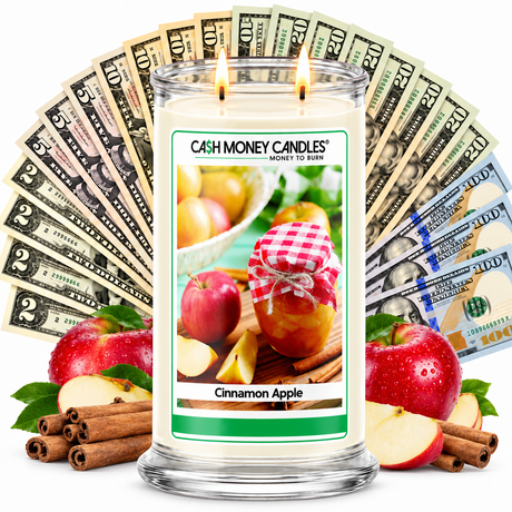 Cinnamon Apple Cash Money Candle with two lit wicks and a fan of cash