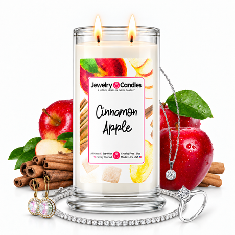 Cinnamon Apple Jewelry Candle with two lit flames and jewelry