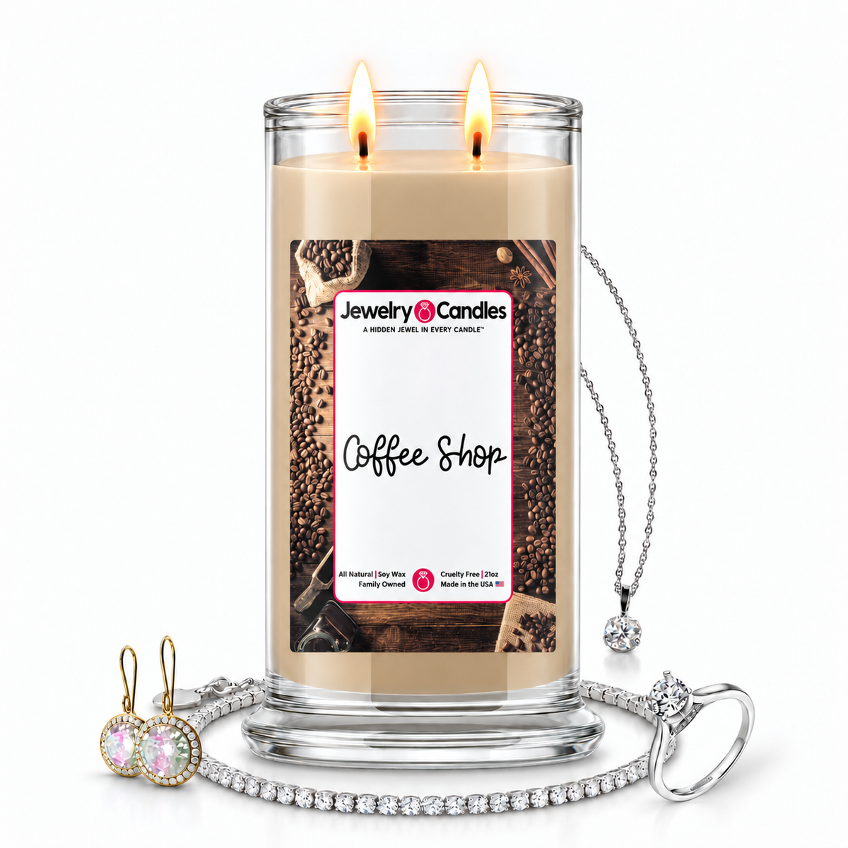 Coffee Shop Jewelry Candle with two lit flames and jewelry