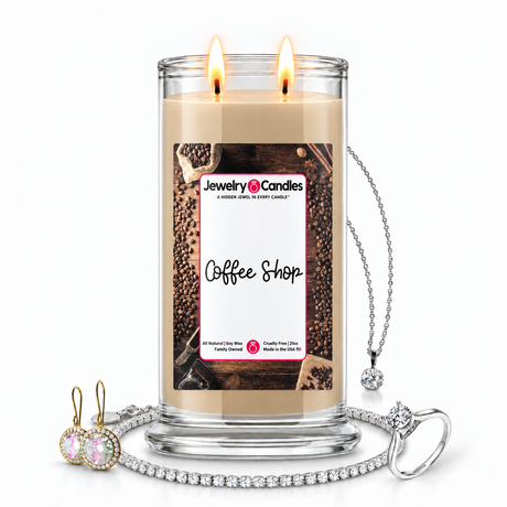 Coffee Shop Jewelry Candle with two lit flames and jewelry