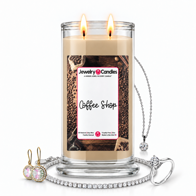Coffee Shop Jewelry Candle with two lit flames and jewelry