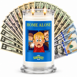 HOME ALONE Cash Candle (Inspired by the Movie!) with two lit wicks and a fan of cash