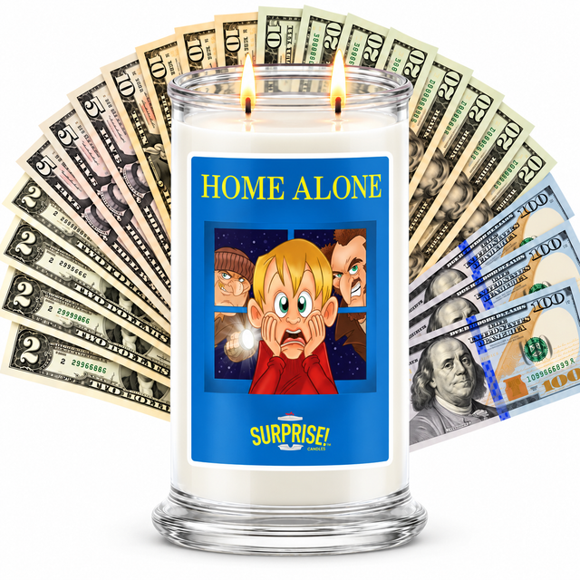 HOME ALONE Cash Candle (Inspired by the Movie!) with two lit wicks and a fan of cash