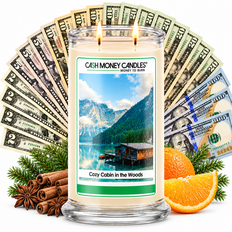 Cozy Cabin in the Woods Cash Money Candle with two lit wicks and a fan of cash