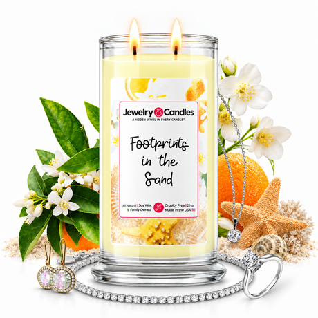Footprints In The Sand Jewelry Candle with two lit flames and jewelry