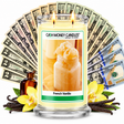 French Vanilla Cash Money Candle with two lit wicks and a fan of cash