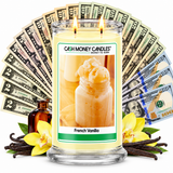 French Vanilla Cash Money Candle with two lit wicks and a fan of cash