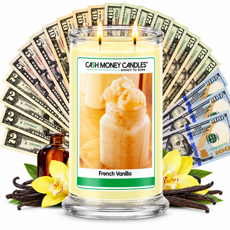 French Vanilla Cash Money Candle with two lit wicks and a fan of cash