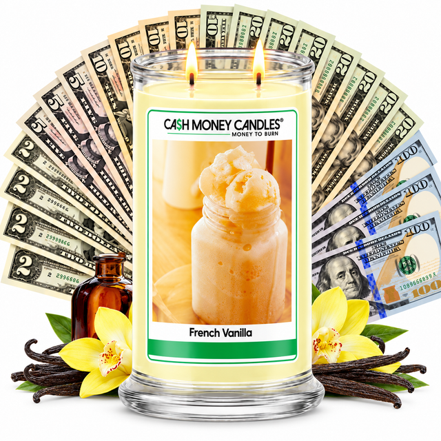 French Vanilla Cash Money Candle with two lit wicks and a fan of cash