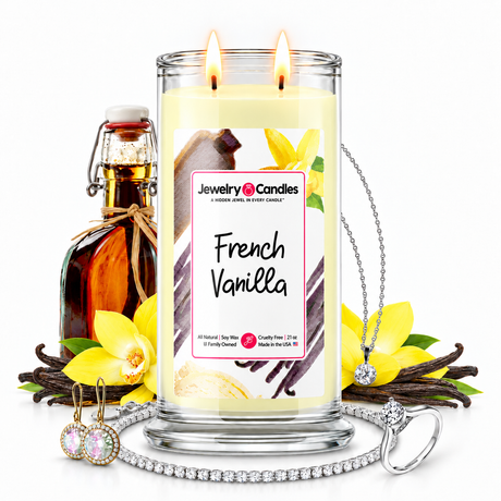 French Vanilla Jewelry Candle with two lit flames and jewelry