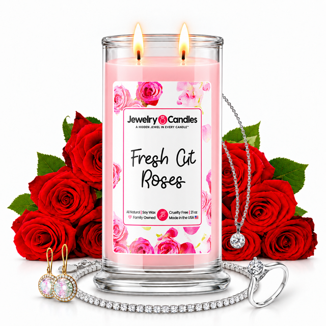 Fresh Cut Roses Jewelry Candle with two lit flames and jewelry