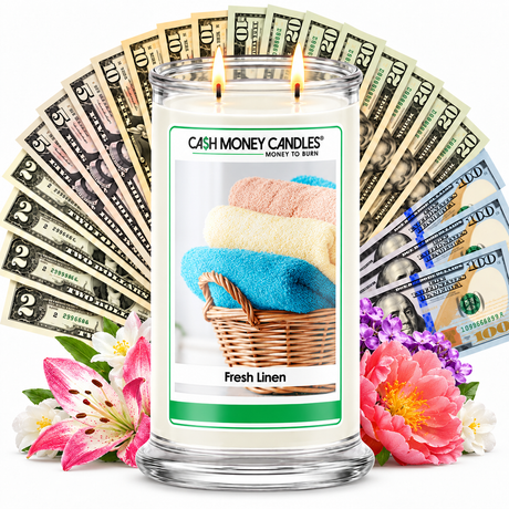 Fresh Linen Cash Money Candle with two lit wicks and a fan of cash