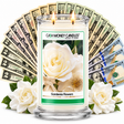 Gardenia Flowers Cash Money Candle with two lit wicks and a fan of cash