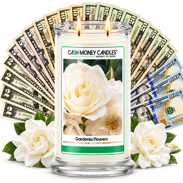 Gardenia Flowers Cash Money Candle with two lit wicks and a fan of cash