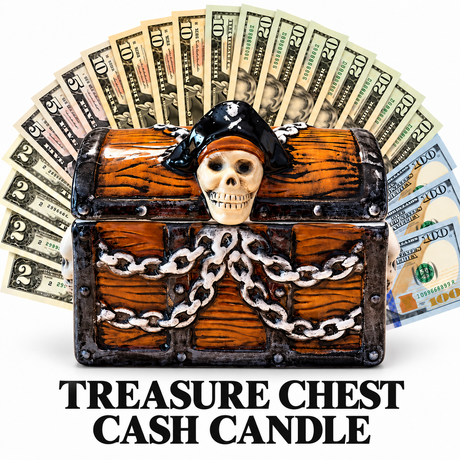 GIANT TREASURE CHEST CASH CANDLE (WORLD'S LARGEST!) with a fan of cash