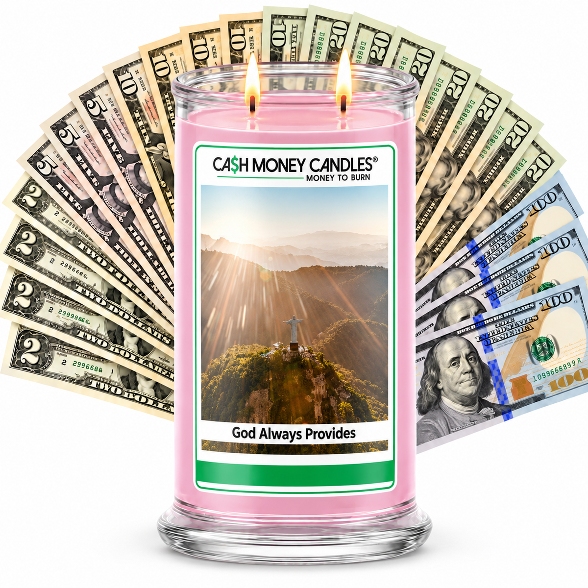 God Always Provides Cash Candle with two lit wicks and a fan of cash