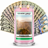 God Always Provides Cash Candle with two lit wicks and a fan of cash
