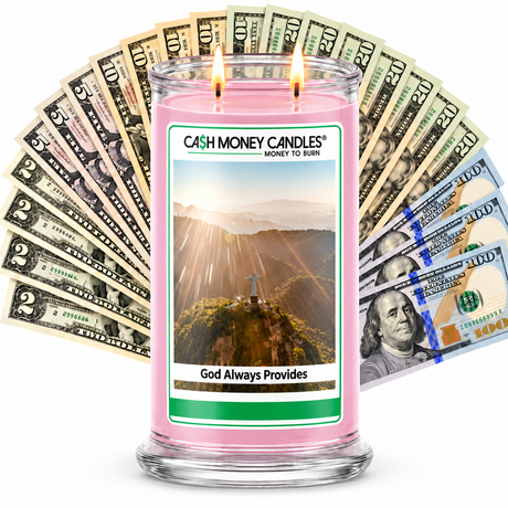 God Always Provides Cash Candle with two lit wicks and a fan of cash