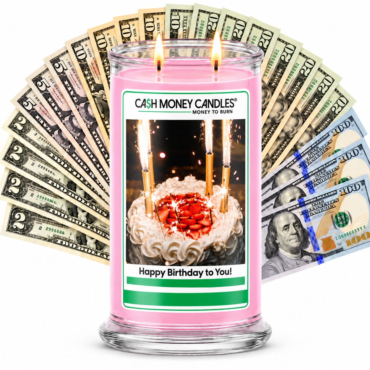 Happy Birthday to You Cash Candle with two lit wicks and a fan of cash