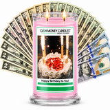Happy Birthday to You Cash Candle with two lit wicks and a fan of cash
