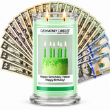 Happy Grinchday; I Mean Happy Birthday Cash Candle with two lit wicks and a fan of cash
