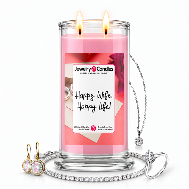 Happy Wife, Happy Life! Jewelry Candle with two lit flames and jewelry