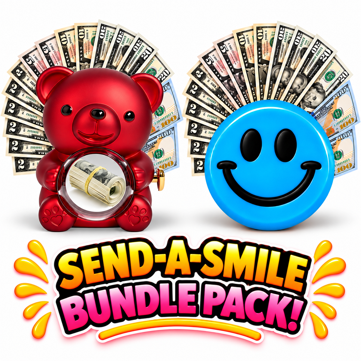 Red cash surprise bear and blue Fresh Linen giant cash smiley face gift bundle