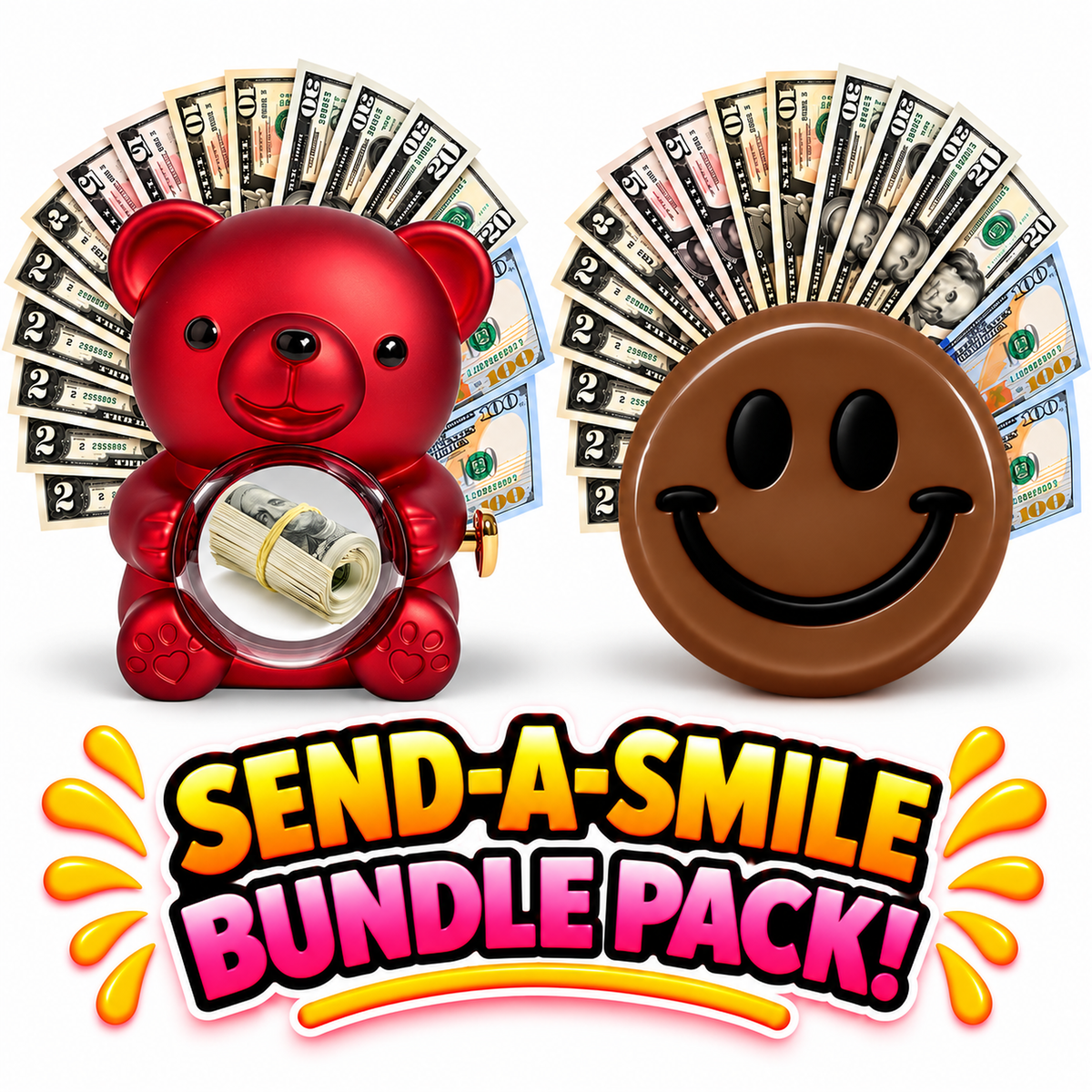 Red cash surprise bear and brown Cozy Cabin in the Woods giant cash smiley face gift bundle