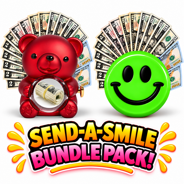 Red cash surprise bear and green Jamaican Me Crazy! giant cash smiley face gift bundle
