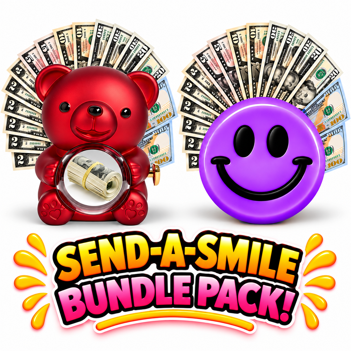 Red cash surprise bear and purple Lavender Vanilla giant cash smiley face gift bundle