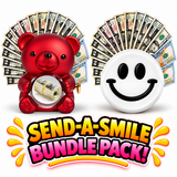 Red cash surprise bear and white Lilac Blossom giant cash smiley face gift bundle