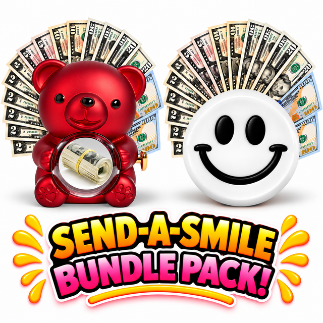 Red cash surprise bear and white Lilac Blossom giant cash smiley face gift bundle