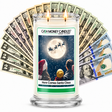 Here Comes Santa Claus Cash Money Candle with two lit wicks and a fan of cash