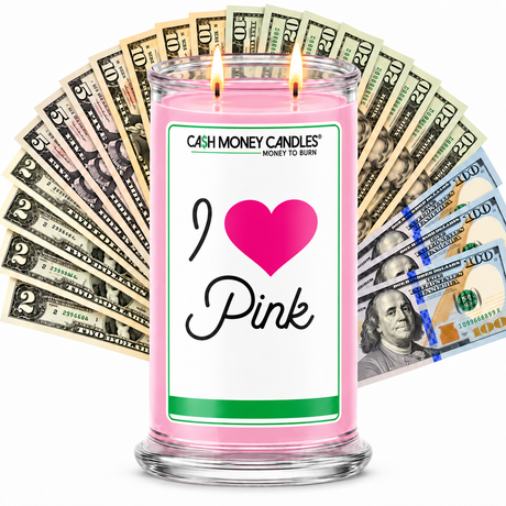 I Love Pink Cash Candle with two lit wicks and a fan of cash
