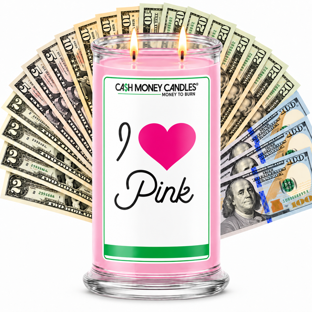 I Love Pink Cash Candle with two lit wicks and a fan of cash