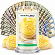 Iced Lemon Cookies Cash Money Candles with two lit wicks and a fan of cash