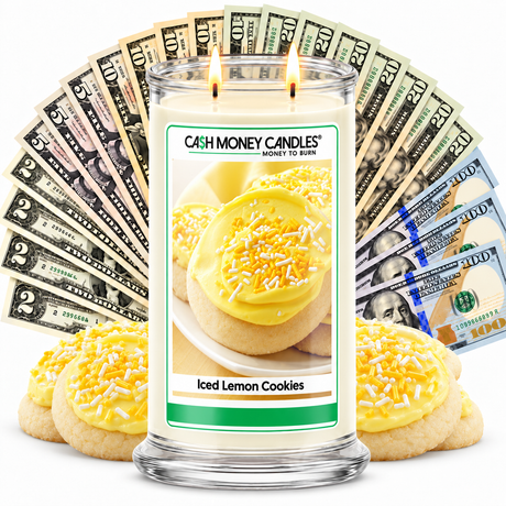 Iced Lemon Cookies Cash Money Candles with two lit wicks and a fan of cash