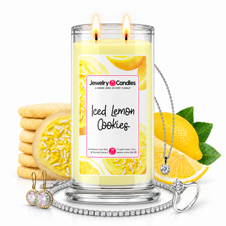 Iced Lemon Cookies Jewelry Candle with two lit flames and jewelry