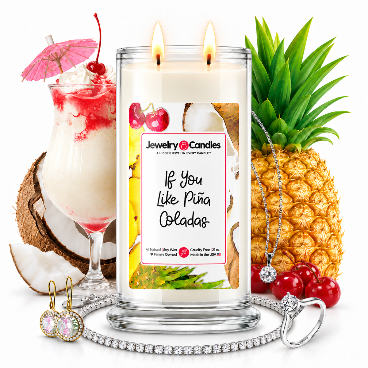 If You Like Piña Coladas! Jewelry Candle with two lit flames and jewelry