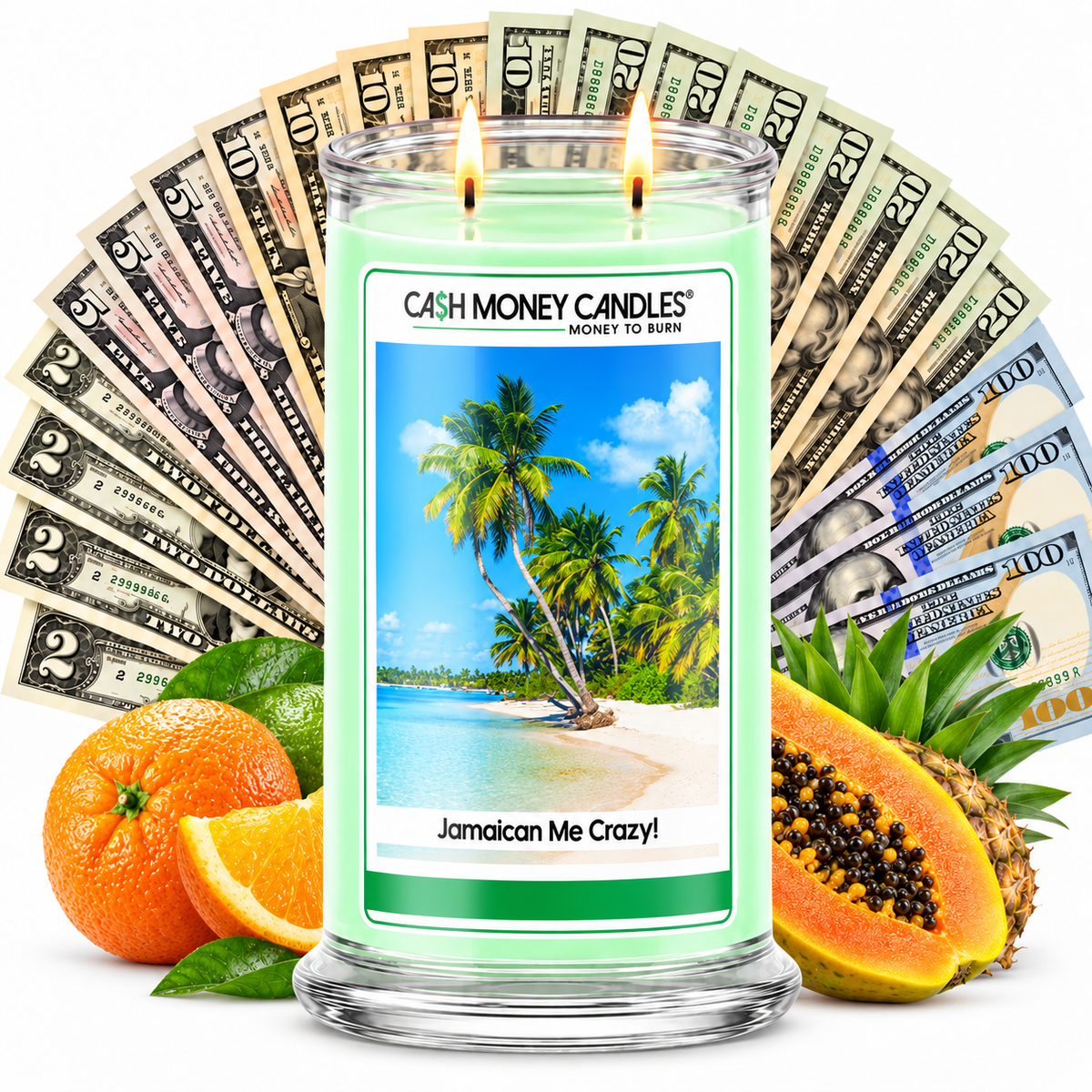 Jamaican Me Crazy! Cash Money Candle with two lit wicks and a fan of cash