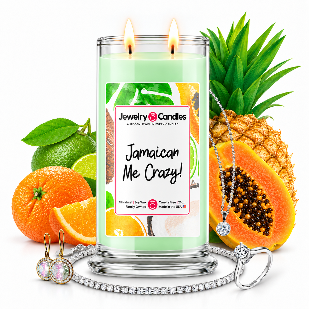 Jamaican Me Crazy Jewelry Candles with two lit flames and jewelry