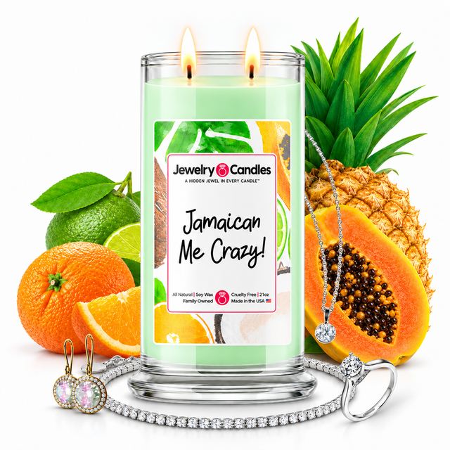 Jamaican Me Crazy Jewelry Candles with two lit flames and jewelry