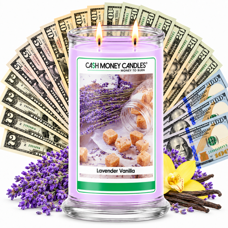 Lavender Vanilla Cash Money Candle with two lit wicks and a fan of cash
