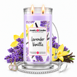 Lavender Vanilla Jewelry Candle with two lit flames and jewelry