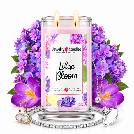 Lilac Bloom Jewelry Candle with two lit flames and jewelry