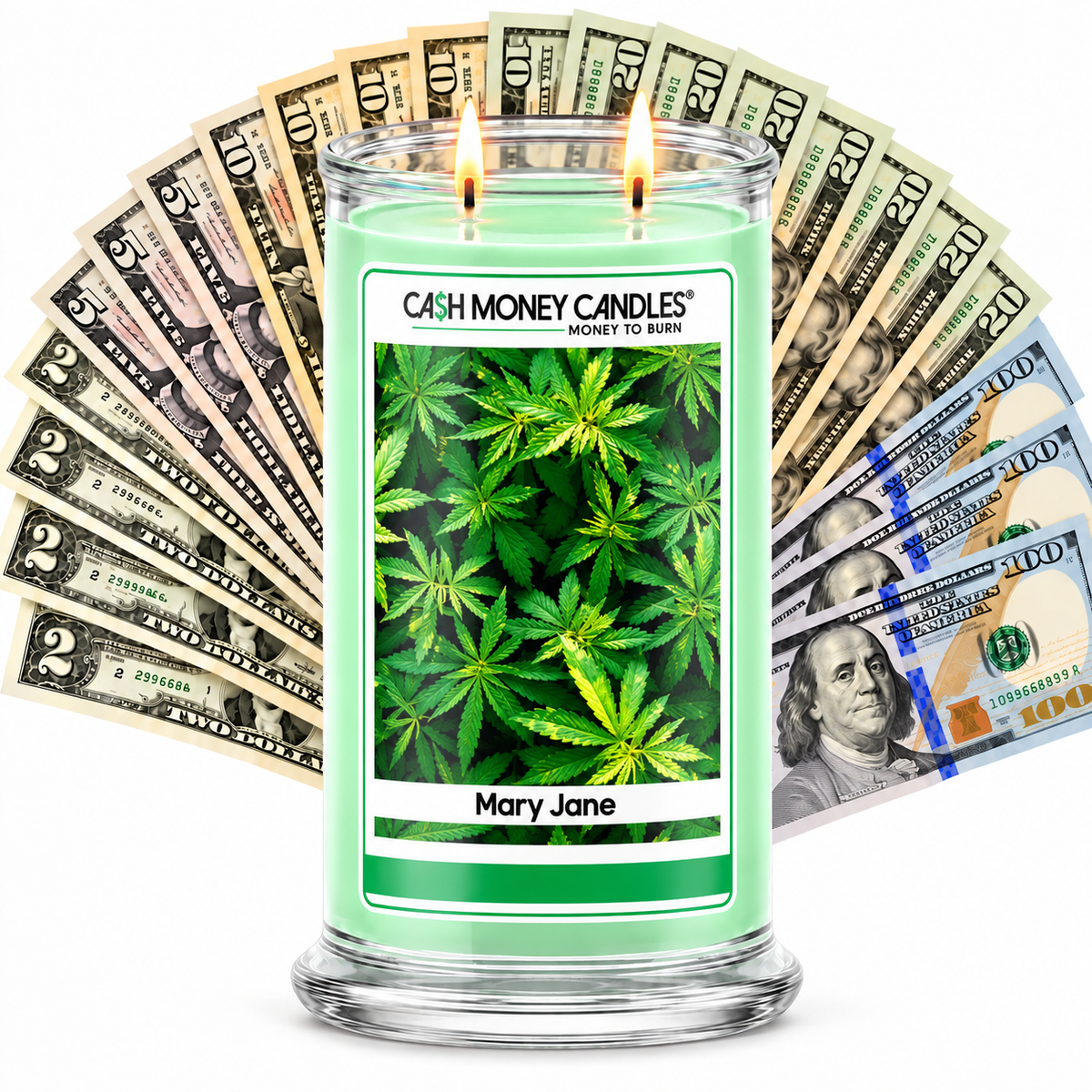 Mary Jane Cash Candle with two lit wicks and a fan of cash