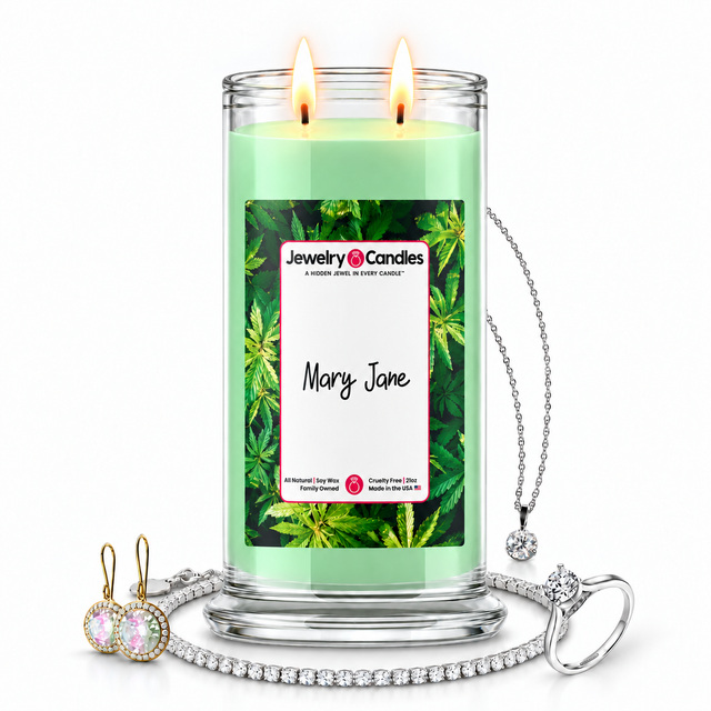 Mary Jane Jewelry Candle with two lit flames and jewelry